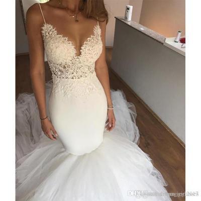 Custom Made White Spaghetti Strap V-Neckline Mermaid Wedding Dress with Tulle Skirt ,Wedding Dresses