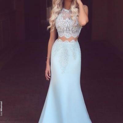 Prom Dresses,Long Prom Dresses,Baby Blue Two Piece Evening Dress,Long Lace Mermaid Prom Dresses Cheap,Backless Evening Dresses