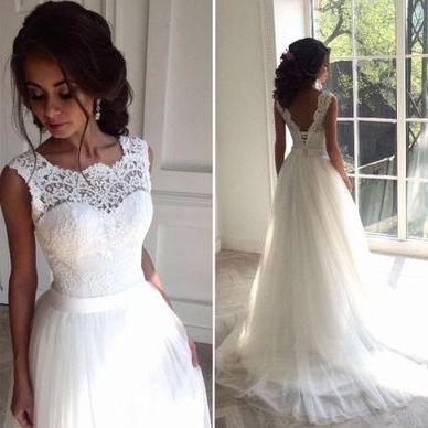 Sleeveless White Wedding Dress,Sexy Appliques Bridal Dress,Tulle Wedding Dresses