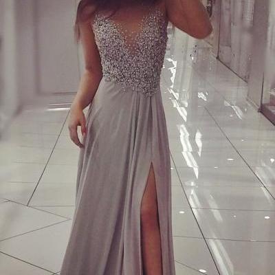 Grey Chiffon Sparkly Beaded Prom Dress with Slit,Sexy Long Formal Dresses