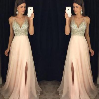 New Arrival Prom Dress,Modest Prom Dress,sparkly crystal beaded v neck open back long chiffon prom dresses,pageant evening gowns with leg slit,Evening Gowns
