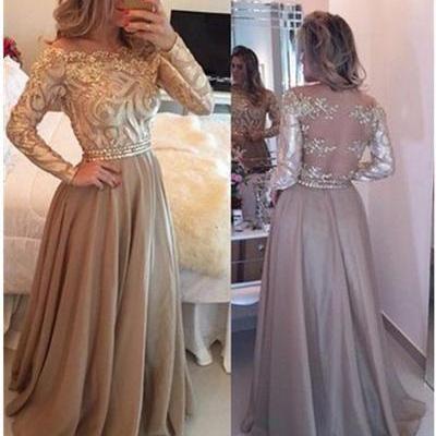 A-Line Cowl Gold Long Prom Dresses,Long Sleeves Evening Dress,Evening Gowns