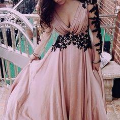 Blush Pink Prom Dresses,Vintage Prom Gown,Women Boho Long Sleeves Plus Size Evening Gowns,V neckline Party Dress,Black Lace Evening Dress