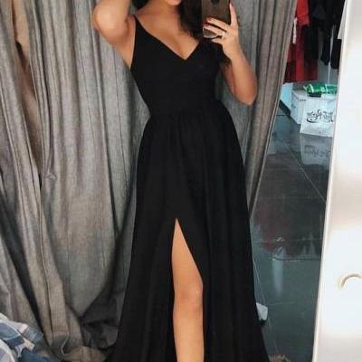 modest black long prom dresses with slit, simple spaghetti straps evening gowns, unique a line chiffon party dresses