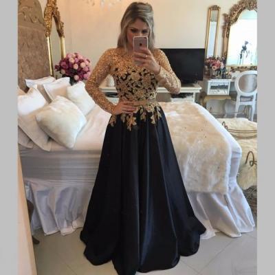 Sexy Illusion Back Long Party Dresses, Long Sleeve Black Prom Dresses With Gold Sequins, A Line Black Satin Pageant Prom Dresses, Jewel Neck Black Gala Dresses Plus Size, Formal Black Evening Dress,Customize Gold Beaded Party Dress