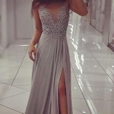 Grey Chiffon Sparkly Beaded Prom Dress with Slit,Sexy V-Neck Prom Dress, evening gowns, formal dresses