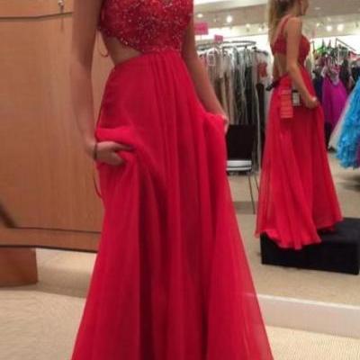 Real Sexy Charming Red Prom Dress,Chiffon Beading Backless Long Prom Dresses