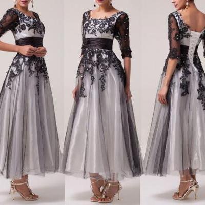 Ankle-Length Prom Dresses,Appliques Prom Dress,1/2 sleeve A-Line Prom Dress,Tulle lace Prom Dress,Half-Sleeve Prom Dress,Formal Gowns Plus Size, Cocktail Dresses, formal dresses,Wedding guests dresses