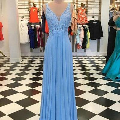 Sexy Blue Prom Dresses with V-Neck Appliqued Lace Long Chiffon Party Gowns