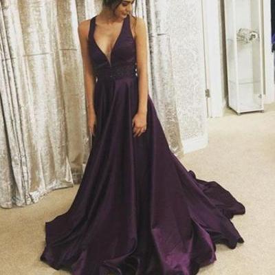 Purple v neck long prom dresses, purple evening dress ,Evening Dresses,Long Prom Dresses, Formal Evening Gown 
