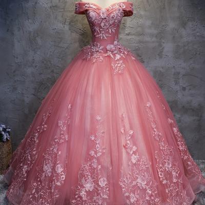 off shoulder pink prom dresses,tulle long handmade evening dress, long ball gown