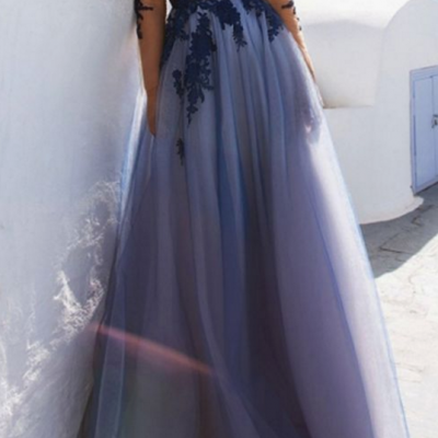 Charming Long Sleeve Prom Dresses,Appliques Sexy Prom Dress,See Though Evening Dress,Blue Prom Dresses,Lace Prom Dresses,Evening Gowns,Formal Dress