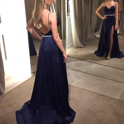 Navy Blue Satin Prom Dresses High Slit Long Evening Dresses Spaghetti Straps Formal Gowns Sexy Party Pageant Dresses Backless
