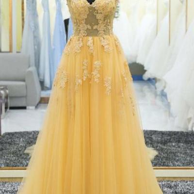 Beautiful Yellow Lace Prom Dress,Tulle Long Formal Gowns, Yellow Prom Dresses, Party Dresses,Long Evening Dress