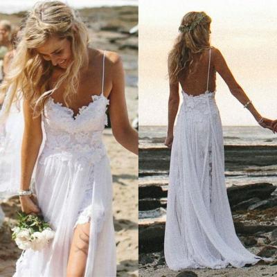 White Wedding Dresses,Long Wedding Gown,Lace Wedding Gowns,Chiffon Bridal Dress,Slit Side Wedding Dress,Backless Brides Dress,Open Back Wedding Gowns