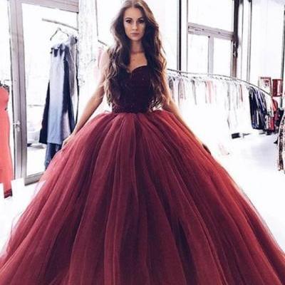 Burgundy Sweetheart Long Prom Dress with Beaded Bodice,Burgundy Tulle Formal Gowns, Formal Women Dress,prom dress, Evening Dresses, Prom Dress,Wedding Formal Dress