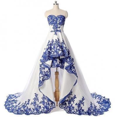 Sexy Royal Blue High Low Prom Dresses,Wedding Evening Dresses ,Lace Applique Tulle Prom Dresses,Front Short And Long Back Elegant Prom Dresses,Floor Length , Customize Made ,new fashion ,Prom Dress