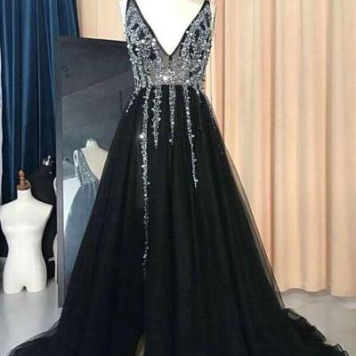 New brand black tulle evening dresses, V neck ,silver sequins prom dresses,long slit evening dress, long open back, senior prom dress