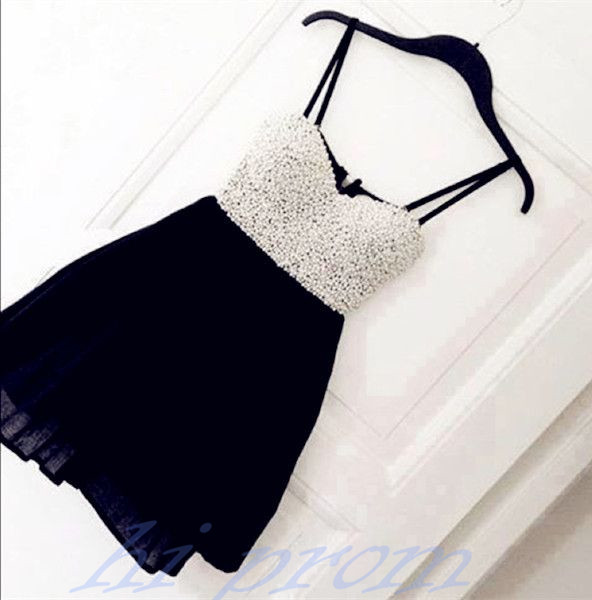 Black Homecoming Dress,Short Prom Gown,Chiffon Homecoming Gowns,Simple A Line With Spaghetti Straps Party Cocktail Dress,Short Prom Dresses