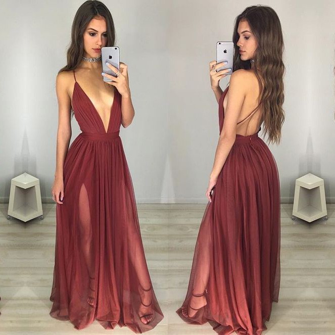 Prom Dress,Sexy Elegant Maroon Prom Dresses,Deep V-neck Long ...