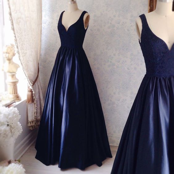 Charming Navy Simple Prom Dresses Satin Prom Dress Sexy V Neck