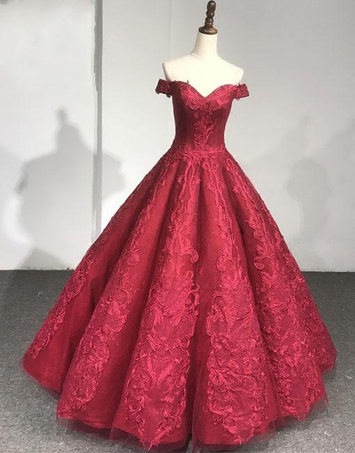Burgundy Lace Wedding Dresses Off Shoulder Long Bridal Dress
