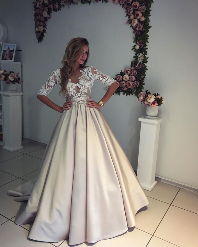 Champagne Satin Lace Wedding Dress Prom Dresses Champagne Satin Lace Wedding Dress Prom Dresses Modest Bridal Y