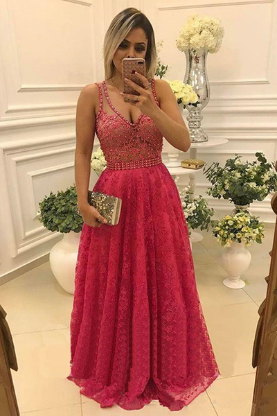 V-neck Long Lace Prom Dresses With Beading And Lace,Long Evening Dress ...