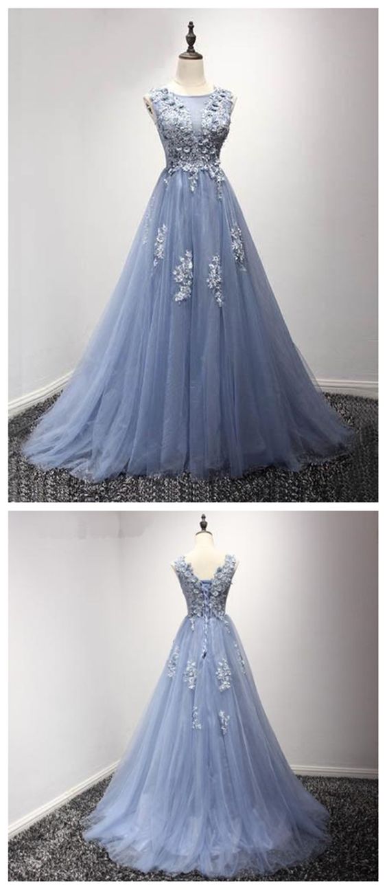 Corset Back Evening Dress,Dusty Blue Lace Evening Prom Dresses, Popular