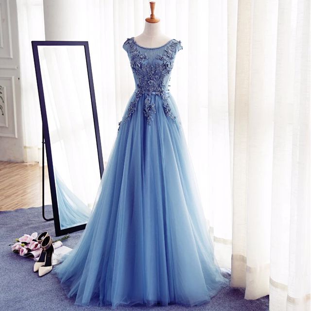 Blue Floor Length Tulle A-Line Prom Gown, Featuring Floral Appliqués Prom Dresses,Bateau Neck Bodice Evening Dresses,Cap Sleeves Sexy Evening Gowns,Evening Gown,Party Dress,Satin Formal Gowns For Teens