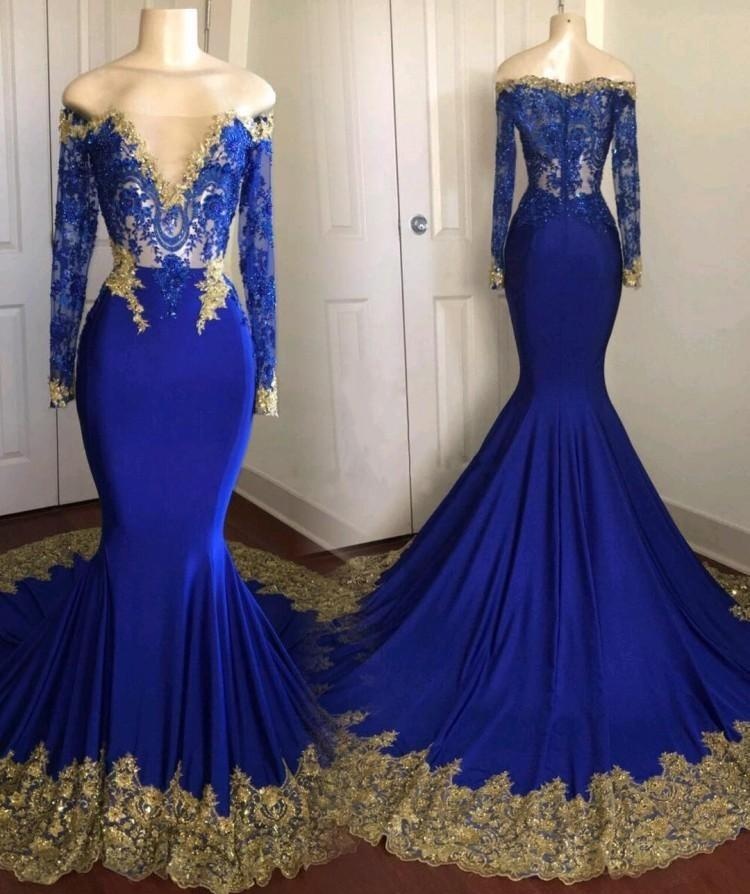 New Royal Blue Long Sleeve Mermaid Prom Dresses Off The Shoulder