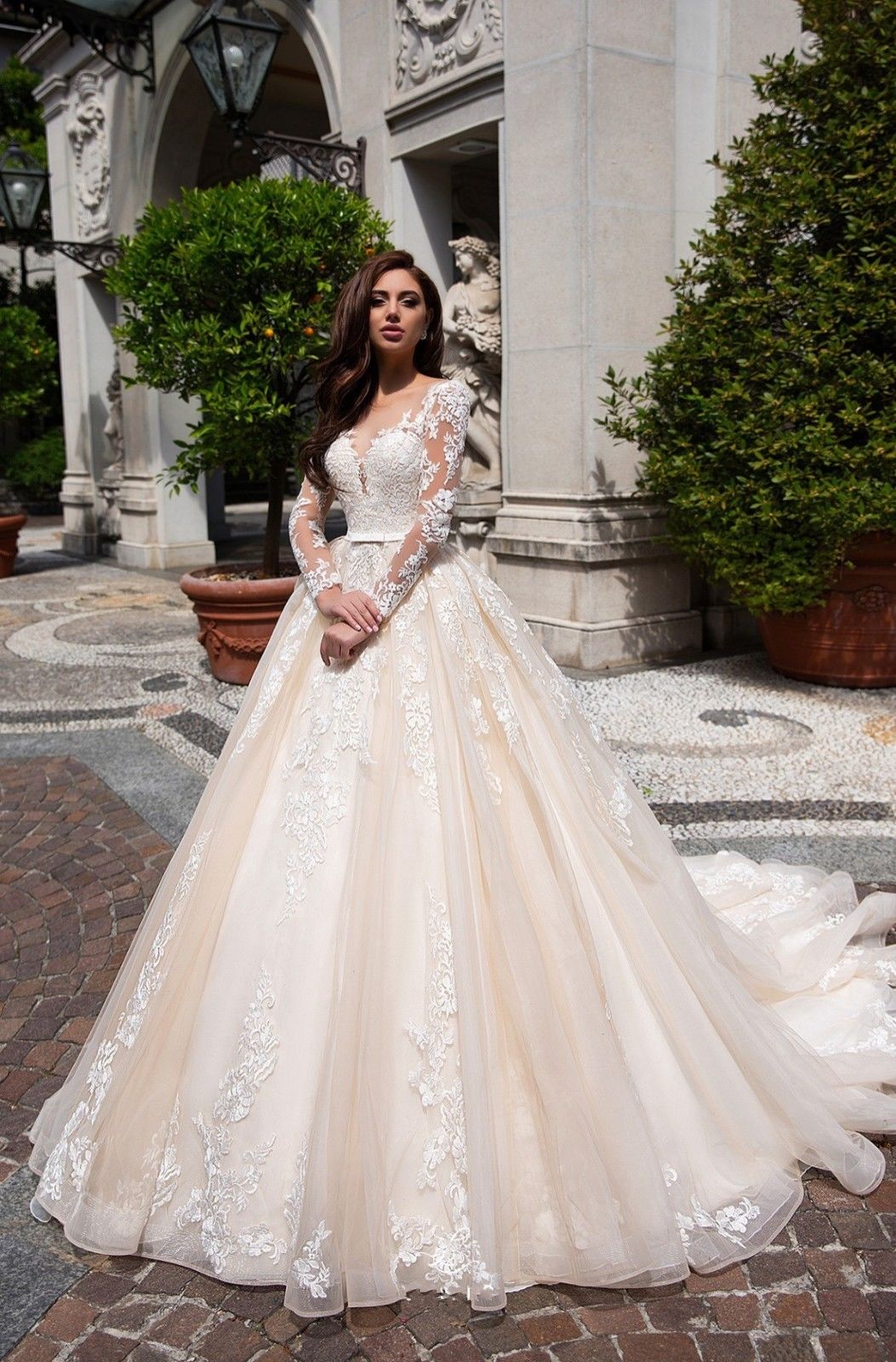 Lace Ball Gown Long Sleeve Wedding Dresses Ivory Champagne ...