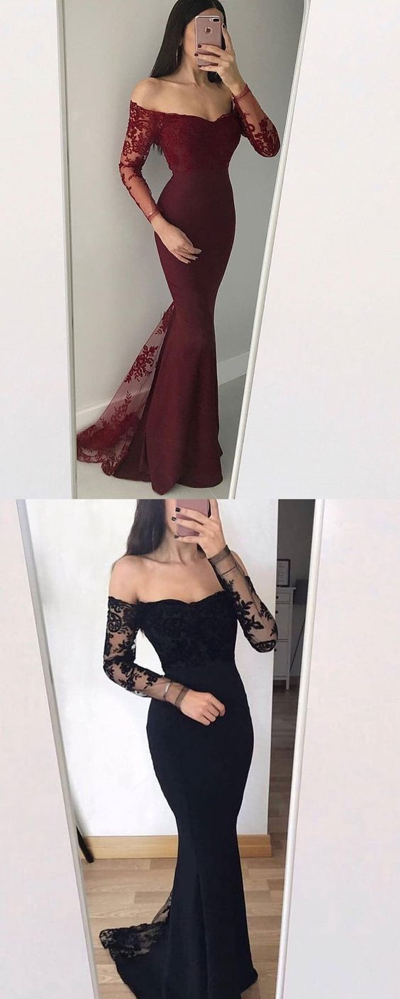 Gorgeous Mermaid Off-the-Shoulder Long Sleeves Applique Satin Prom Dresses