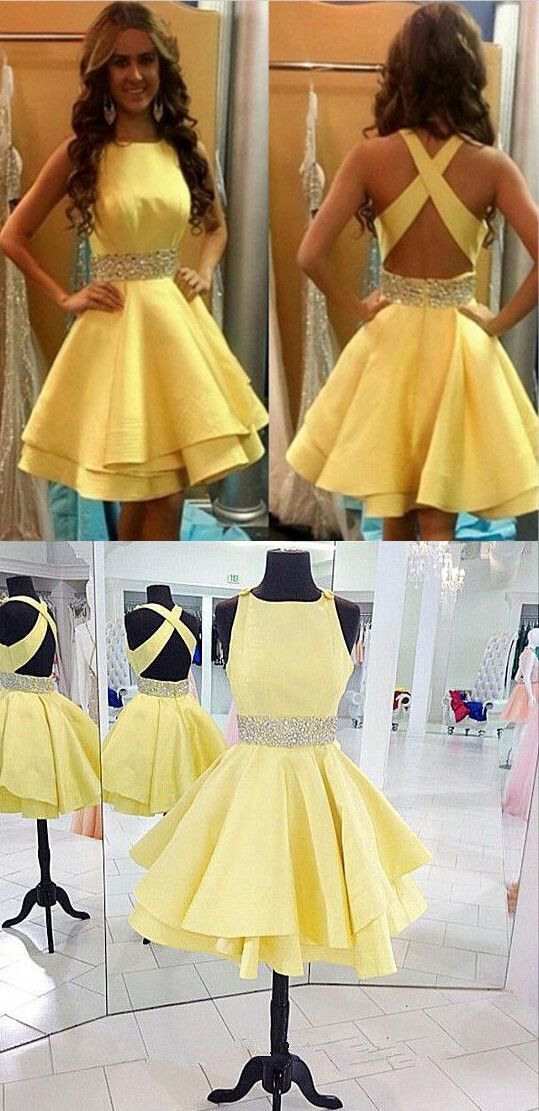 Yellow Cross Back Homecoming Dress, Short Cute Party Dress With Beading ...