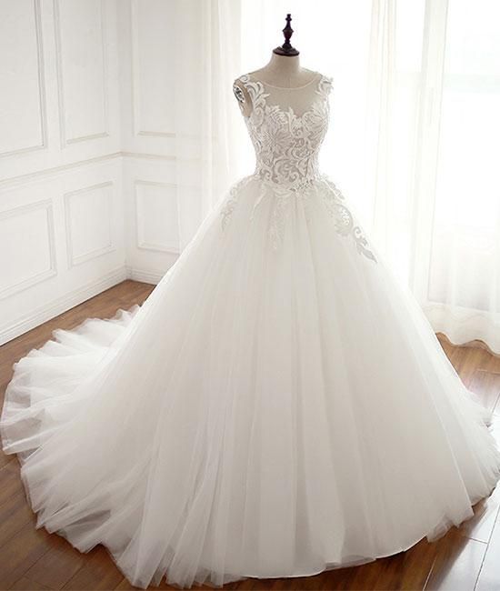 White Round Neck Tulle Lace Applique Long Wedding Dress, White Evening ...