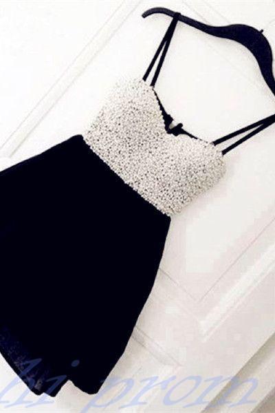 Black Homecoming Dress,Short Prom Gown,Chiffon Homecoming Gowns,Simple A Line With Spaghetti Straps Party Cocktail Dress,Short Prom Dresses