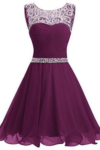 Purple Short Chiffon party Dresses, with Crystals Knee Length Homecoming Dress, Purple Short Chiffon Homecoming Dresses with Crystals Knee Length