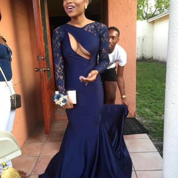 Navy Blue Lace Prom Dresses