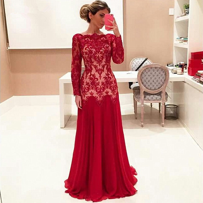 Prom Dresses,Long Prom Dresses,Long Sleeve Red Lace Evening Dresses ...